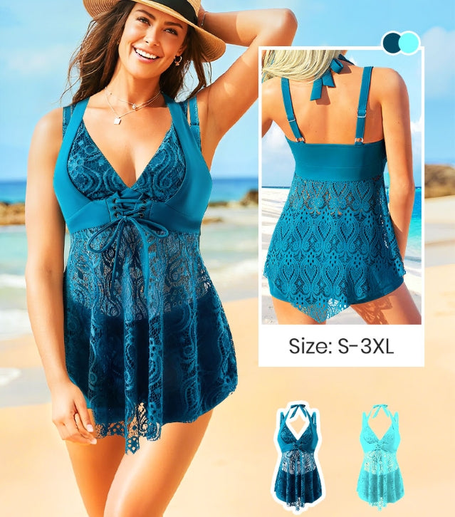 ✨Summer Hot Sale 🔥Women's V-Neck Lace Swimdress & Boyshorts Two-Piece Set