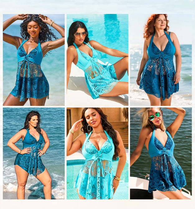 ✨Summer Hot Sale 🔥Women's V-Neck Lace Swimdress & Boyshorts Two-Piece Set