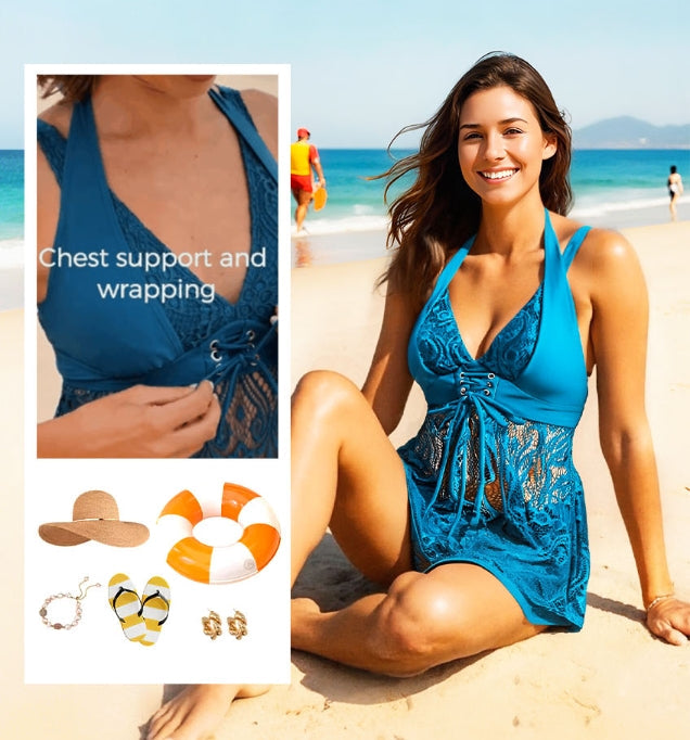 ✨Summer Hot Sale 🔥Women's V-Neck Lace Swimdress & Boyshorts Two-Piece Set