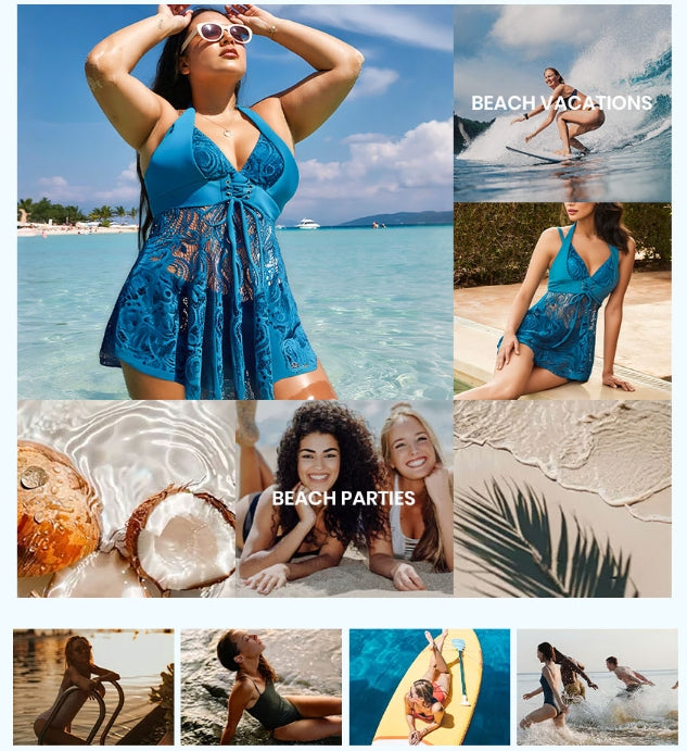 ✨Summer Hot Sale 🔥Women's V-Neck Lace Swimdress & Boyshorts Two-Piece Set