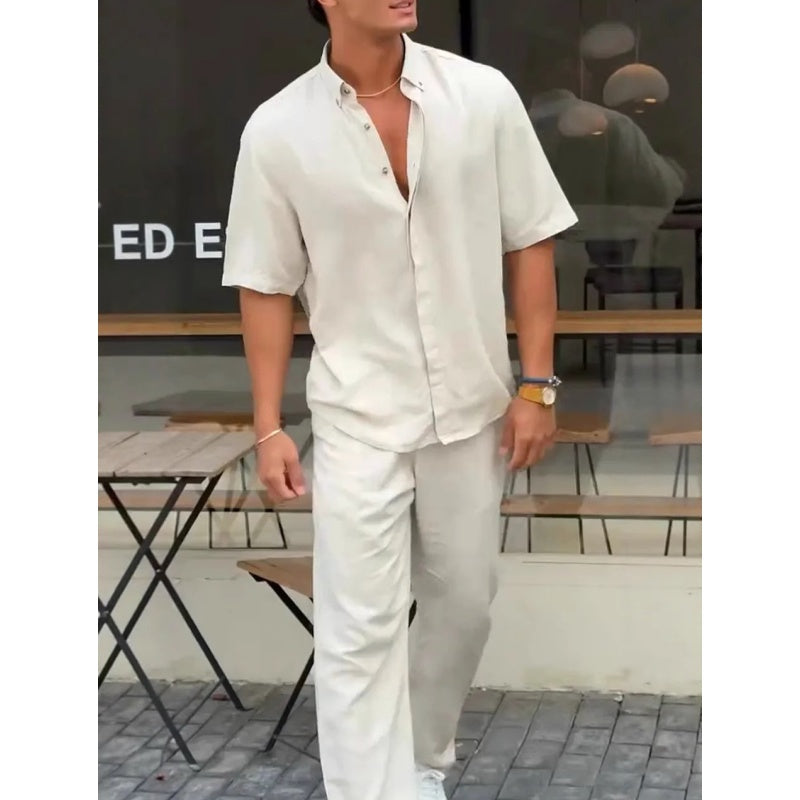 ✨Hot Sale 50% OFF✨Men’s Solid Lapel Short-Sleeve Tops & Pants 2-Piece Set👔