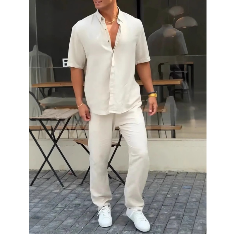 ✨Hot Sale 50% OFF✨Men’s Solid Lapel Short-Sleeve Tops & Pants 2-Piece Set👔