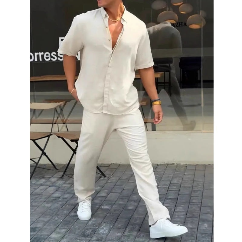 ✨Hot Sale 50% OFF✨Men’s Solid Lapel Short-Sleeve Tops & Pants 2-Piece Set👔