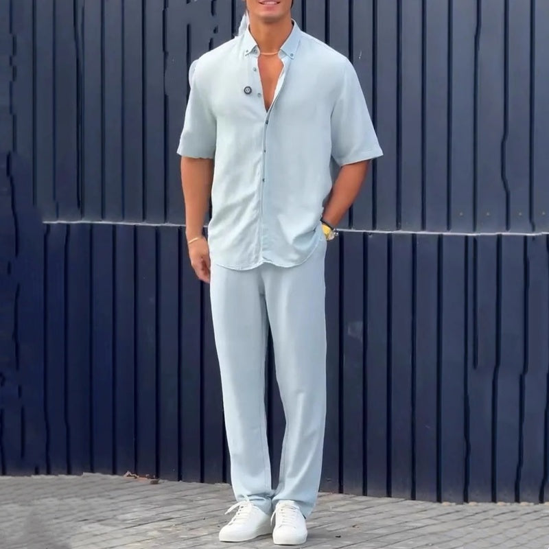 ✨Hot Sale 50% OFF✨Men’s Solid Lapel Short-Sleeve Tops & Pants 2-Piece Set👔