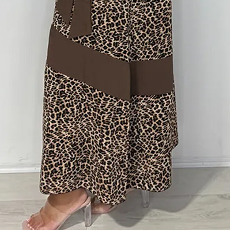 Women's Leopard Print Tie Neck Sleeveless Long Dresses