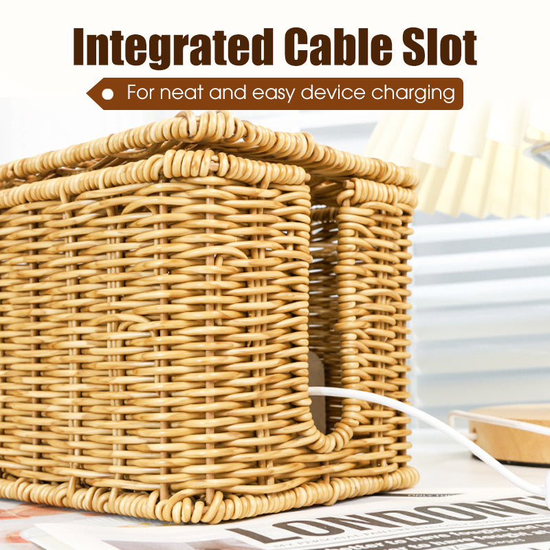Hand Woven Rattan Cable Organizer Box with Lid