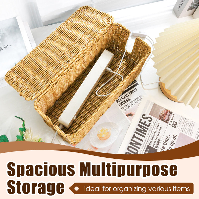 Hand Woven Rattan Cable Organizer Box with Lid