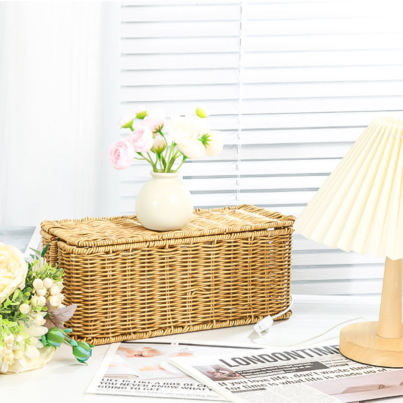 Hand Woven Rattan Cable Organizer Box with Lid