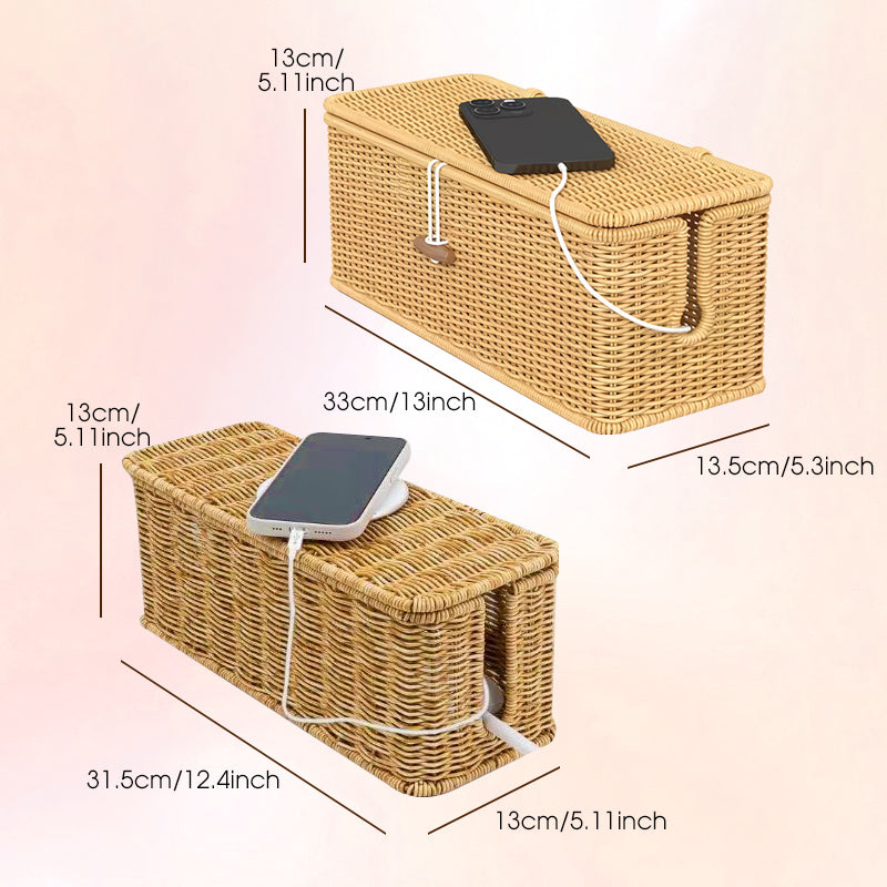 Hand Woven Rattan Cable Organizer Box with Lid