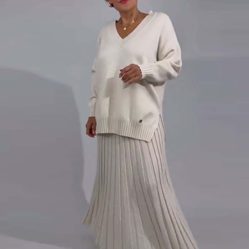 Women's V-Neck Knit Top and Pleated Skirt Set