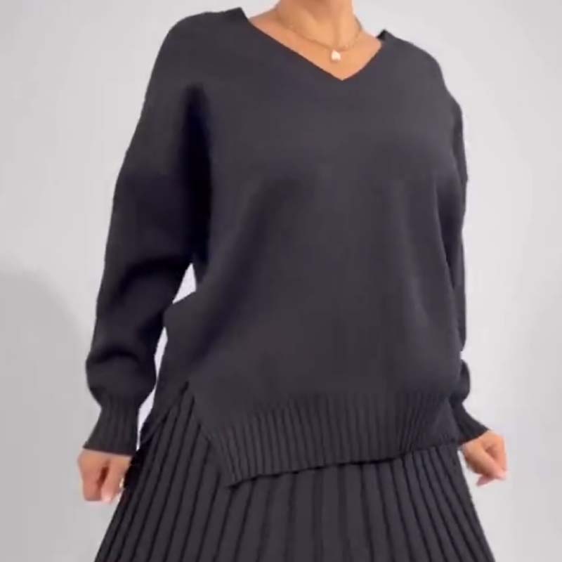 Women's V-Neck Knit Top and Pleated Skirt Set