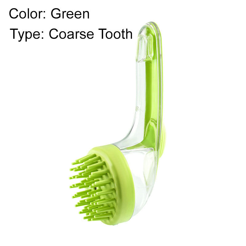 Pet bath brush with a long handle and shampoo dispenser