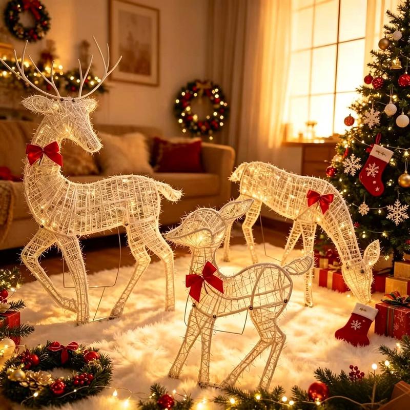 LED Christmas Reindeer Set with Bow – Decorative Reindeer Family for Indoor and Outdoor