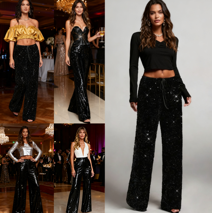 🎄LAST DAY SALE 50% OFF✨Women's Sequin Sparkle Wide Leg Pants with Elastic Waistband✨💃