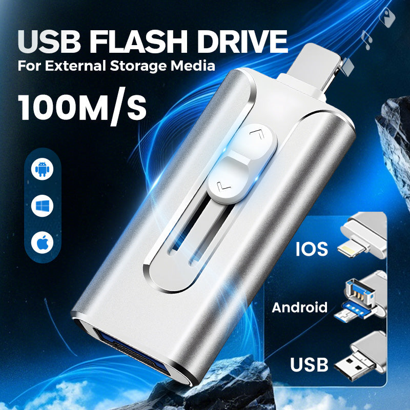 4-in-1 MFi Certified USB Flash Drive with Type-C Adapter for iPhone/Android/PC