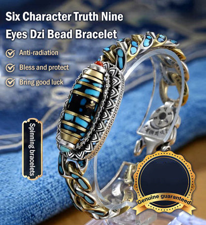 Turquoise Six-character Mantra Nine-eyed Dzi Bead Ring