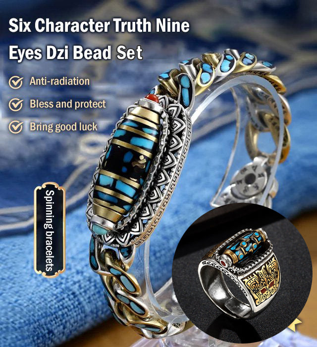 Turquoise Six-character Mantra Nine-eyed Dzi Bead Ring