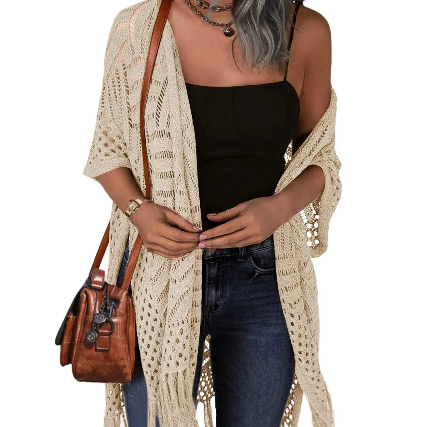 🔥Special Price:£15.99!!😍Women’s Oversized Knit Cardigan – Lightweight Crochet Tassel Kimono for Spring & Summer 🌸