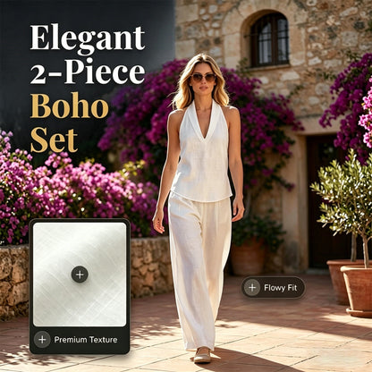 Women's Halter V-Neck Sleeveless Top & Wide Leg Pants 2 Piece Set