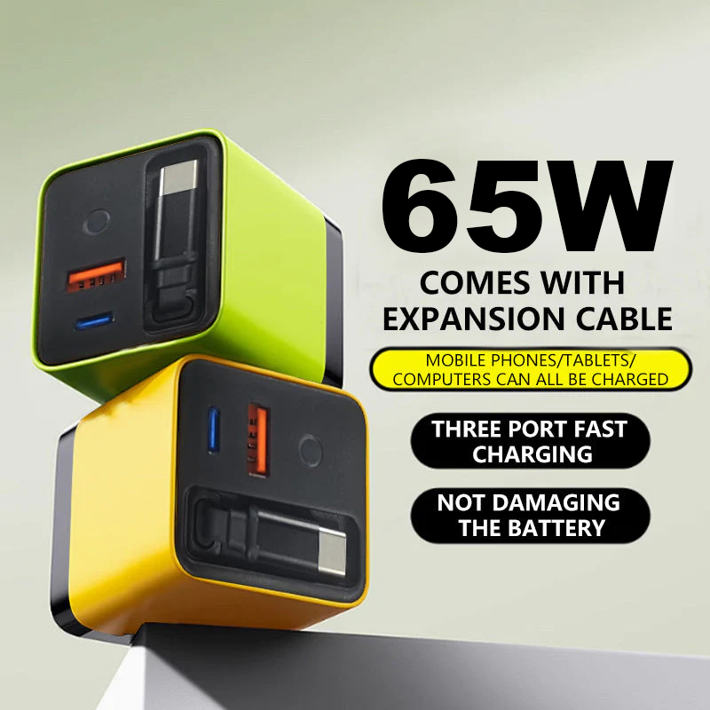 65W Fast Charging Phone Charger Block with Retractable 80cm Type-C Cable