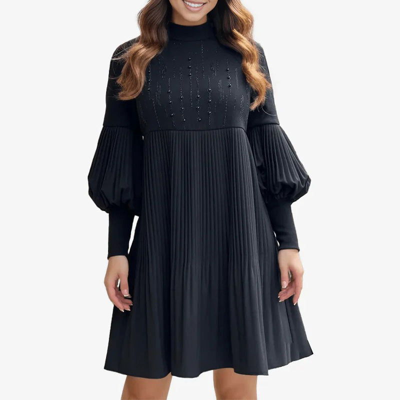 Women's Pleated Black Dress with Lantern Sleeve