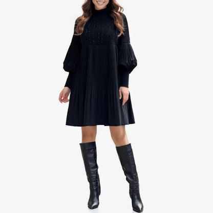 Women's Pleated Black Dress with Lantern Sleeve