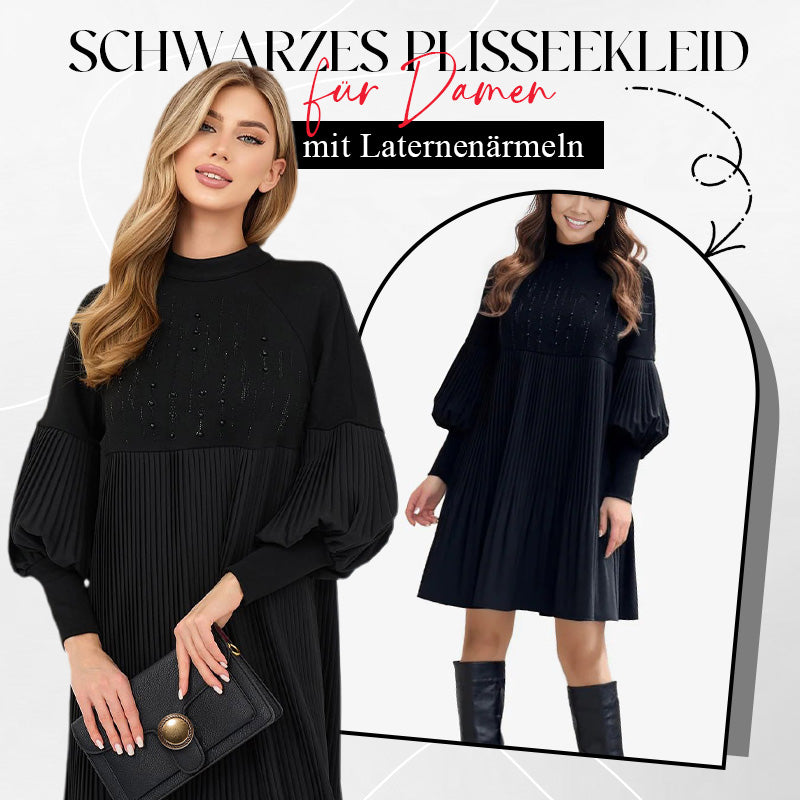 Women's Pleated Black Dress with Lantern Sleeve