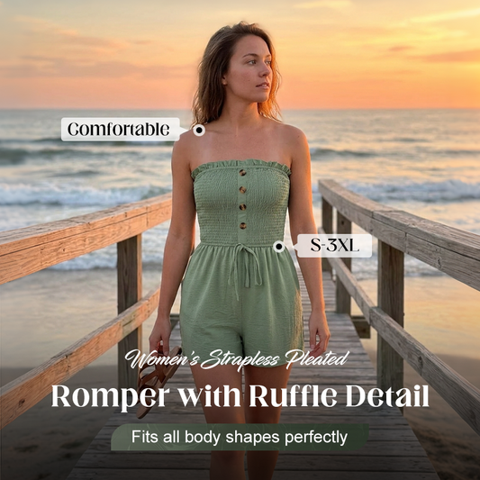 🎉Last Day Promotion 50% OFF💃Women's Strapless Frill Trim Shirred Tie Front Wide Leg Tube Romper