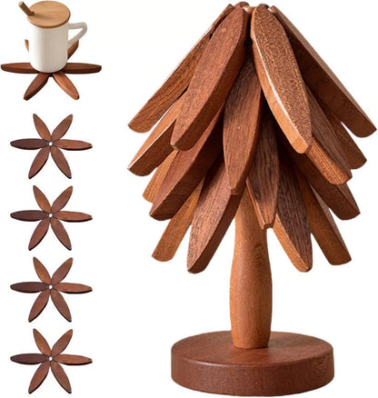 Protect Tables Instantly! Gravity-Activated Wooden Tree Trivet Set