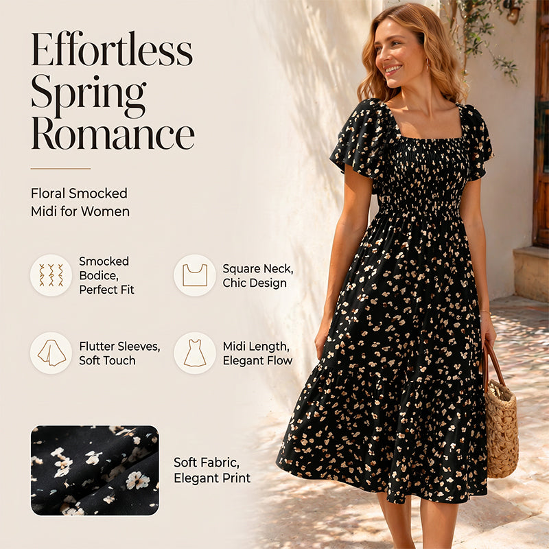 🌈2026 Summer Hot Sale 50% OFF!✨Square Neck Floral Midi Dress – Smocked Bodice, Flowy Tiered Skirt, Romantic 🌸