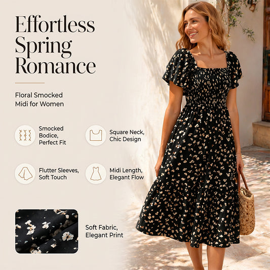 🌈2026 Summer Hot Sale 50% OFF!✨Square Neck Floral Midi Dress – Smocked Bodice, Flowy Tiered Skirt, Romantic 🌸