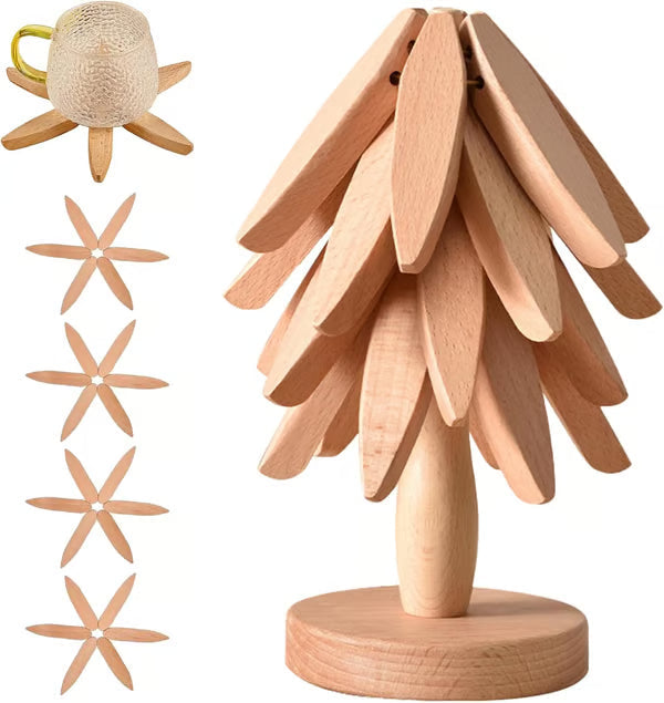 Protect Tables Instantly! Gravity-Activated Wooden Tree Trivet Set