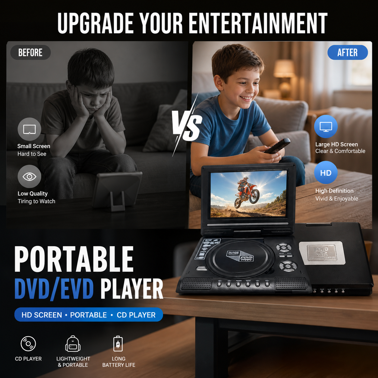 ⏰🎉Limited-time Offer: 50% OFF!🎉—📺 7.8" HD Portable DVD/EVD Player – Large Screen, Rechargeable & Compatible with DVD/CD/USB/SD