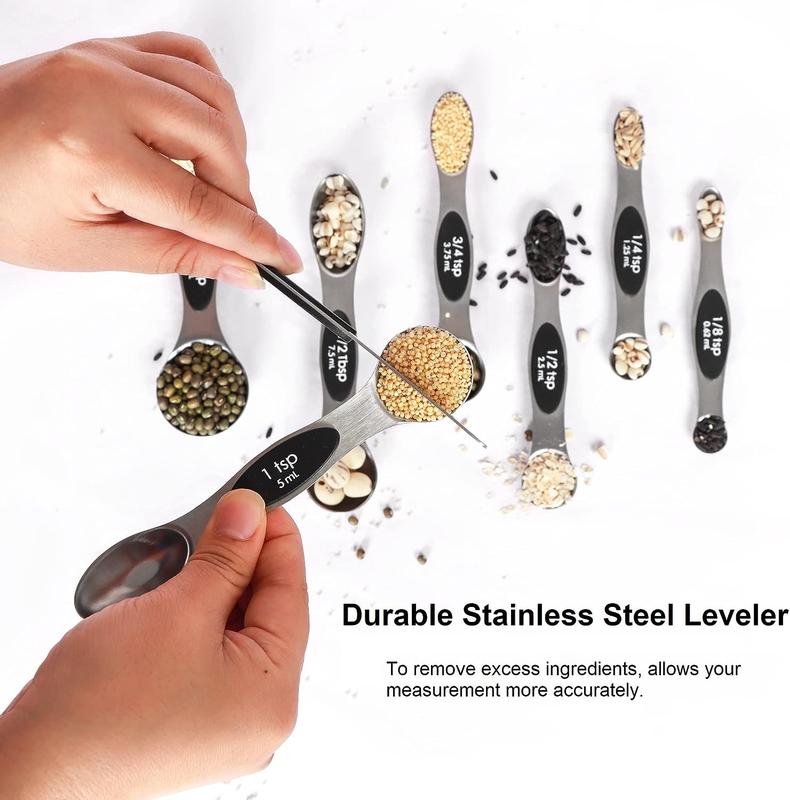 Stainless Steel Magnetic Spoons 7 Set with Leveler for Baking, Stackable Metallic Spice Kitchen Utensils and Gadgets Measure Cups Measuring