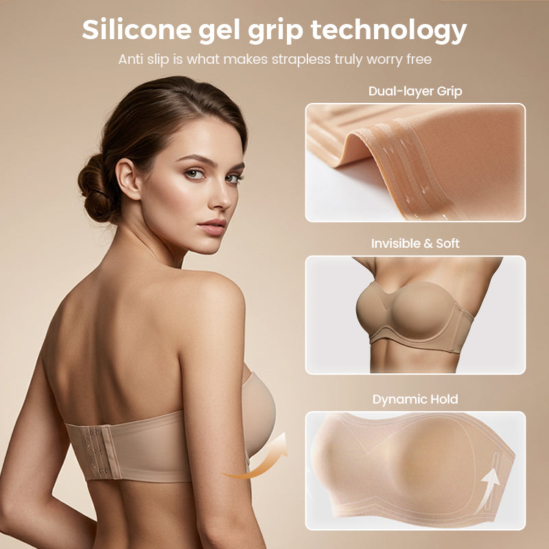 ⛱️Special Price ￡9.99!!💞Womens Strapless Bras Push Up Bandeau Bra Non Slip Wireless Supportive Padded Bras Seamless Comfortable Tube Jelly Bra