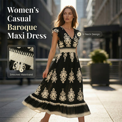 ⏳Limited-time 50% OFF⏰Women's V-Neck Baroque Print Flowy Maxi Dress👗