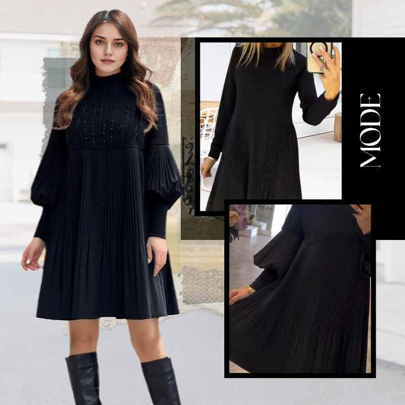 Women's Pleated Black Dress with Lantern Sleeve