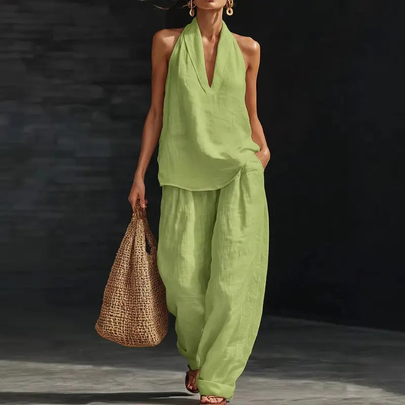 Women's Halter V-Neck Sleeveless Top & Wide Leg Pants 2 Piece Set