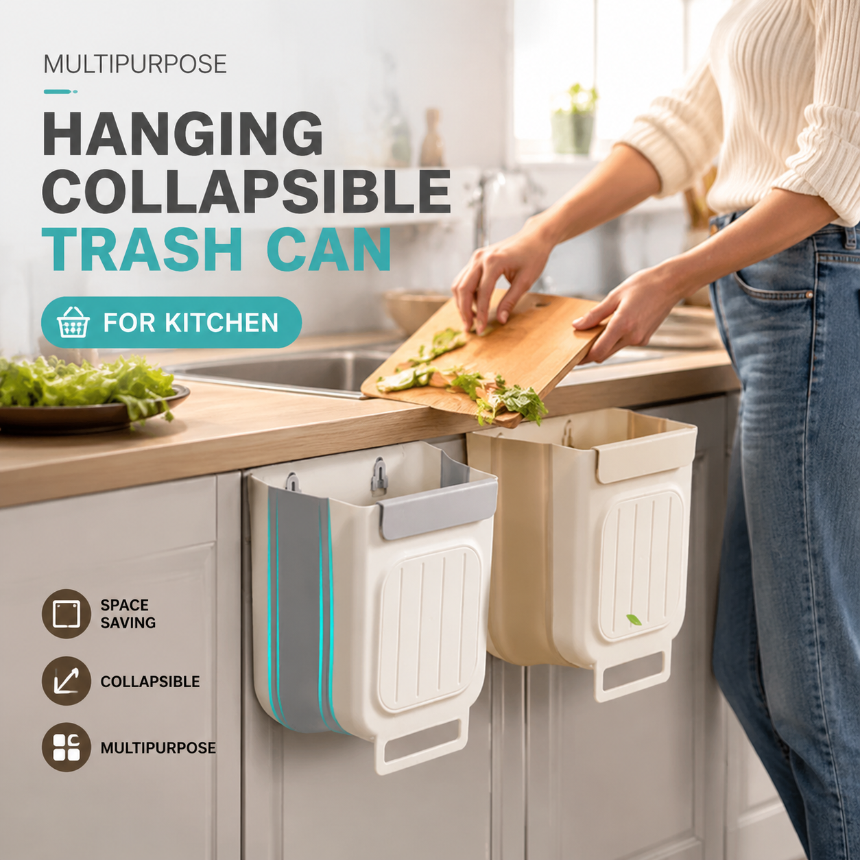 🍃50% OFF NOW! Multipurpose Hanging Collapsible Kitchen Trash Can‑Space‑Saving Wall Mount Foldable Waste Bin, Hanging Garbage Container for Food Scraps, Cabinet Door Mount for Home Kitchen Countertop Prep