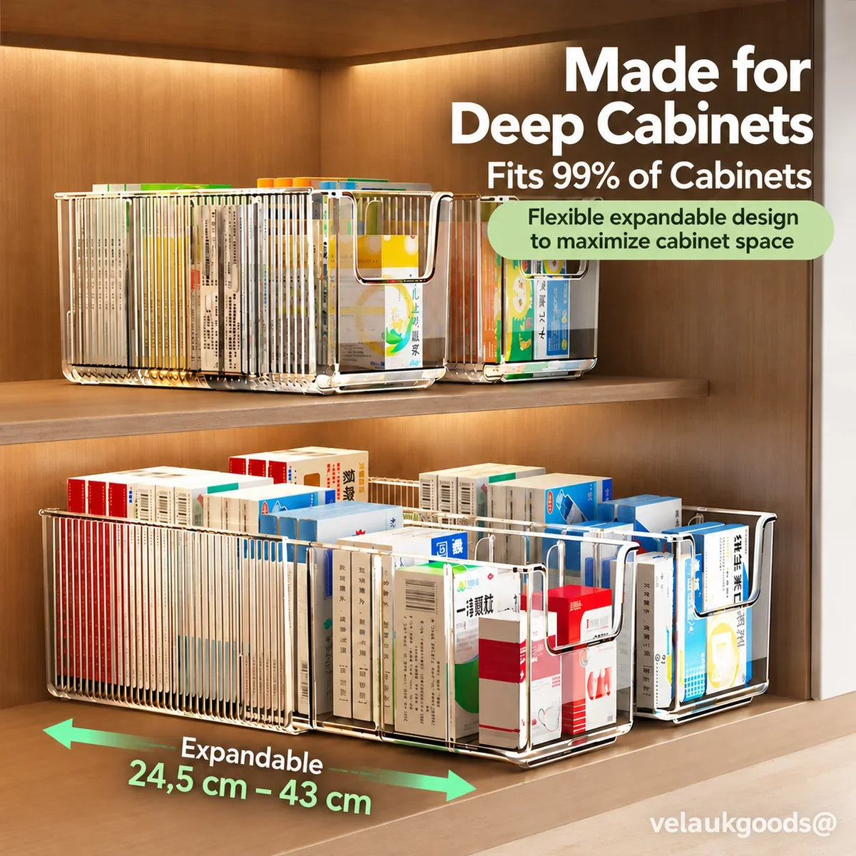 🗄️ 50% OFF! Transparent Extendable Storage Organiser – adjustable 24.5–43cm, clear PET walls let you see every item at a glance. Perfect for medicines, supplements & toiletries – no more rummaging! 🏠✨