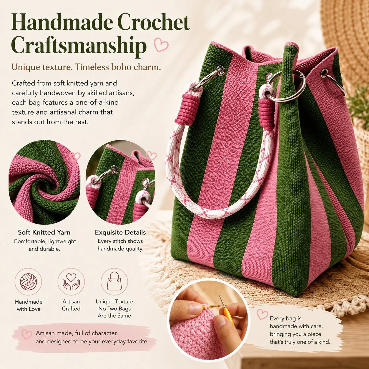 🏆👜 Limited Time Special Price ￡8.99!!✨  Boho Striped Knit Bucket Handbag for Women – Handmade Summer Beach Shoulder Bag