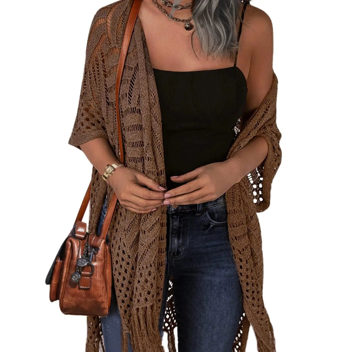 🔥Special Price:£15.99!!😍Women’s Oversized Knit Cardigan – Lightweight Crochet Tassel Kimono for Spring & Summer 🌸