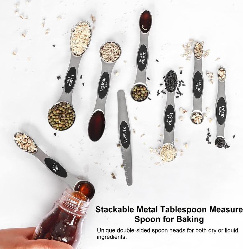 Stainless Steel Magnetic Spoons 7 Set with Leveler for Baking, Stackable Metallic Spice Kitchen Utensils and Gadgets Measure Cups Measuring