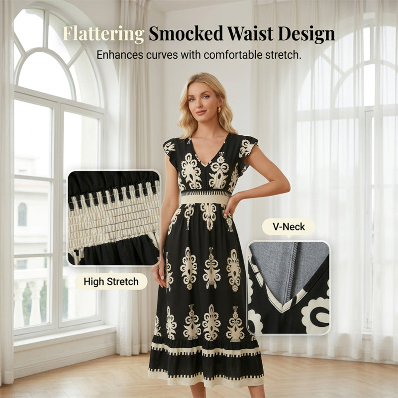 ⏳Limited-time 50% OFF⏰Women's V-Neck Baroque Print Flowy Maxi Dress👗