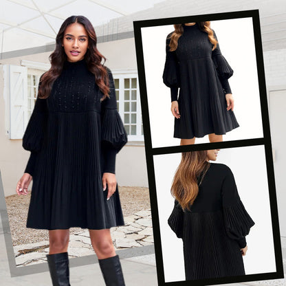 Women's Pleated Black Dress with Lantern Sleeve