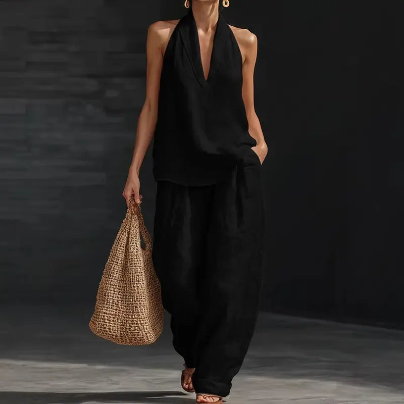 Women's Halter V-Neck Sleeveless Top & Wide Leg Pants 2 Piece Set