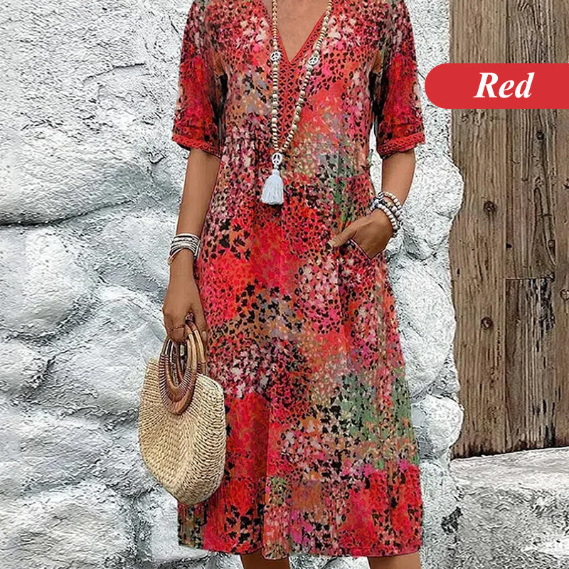 💥Women's Vivid Printed V-Neck Midi Dress