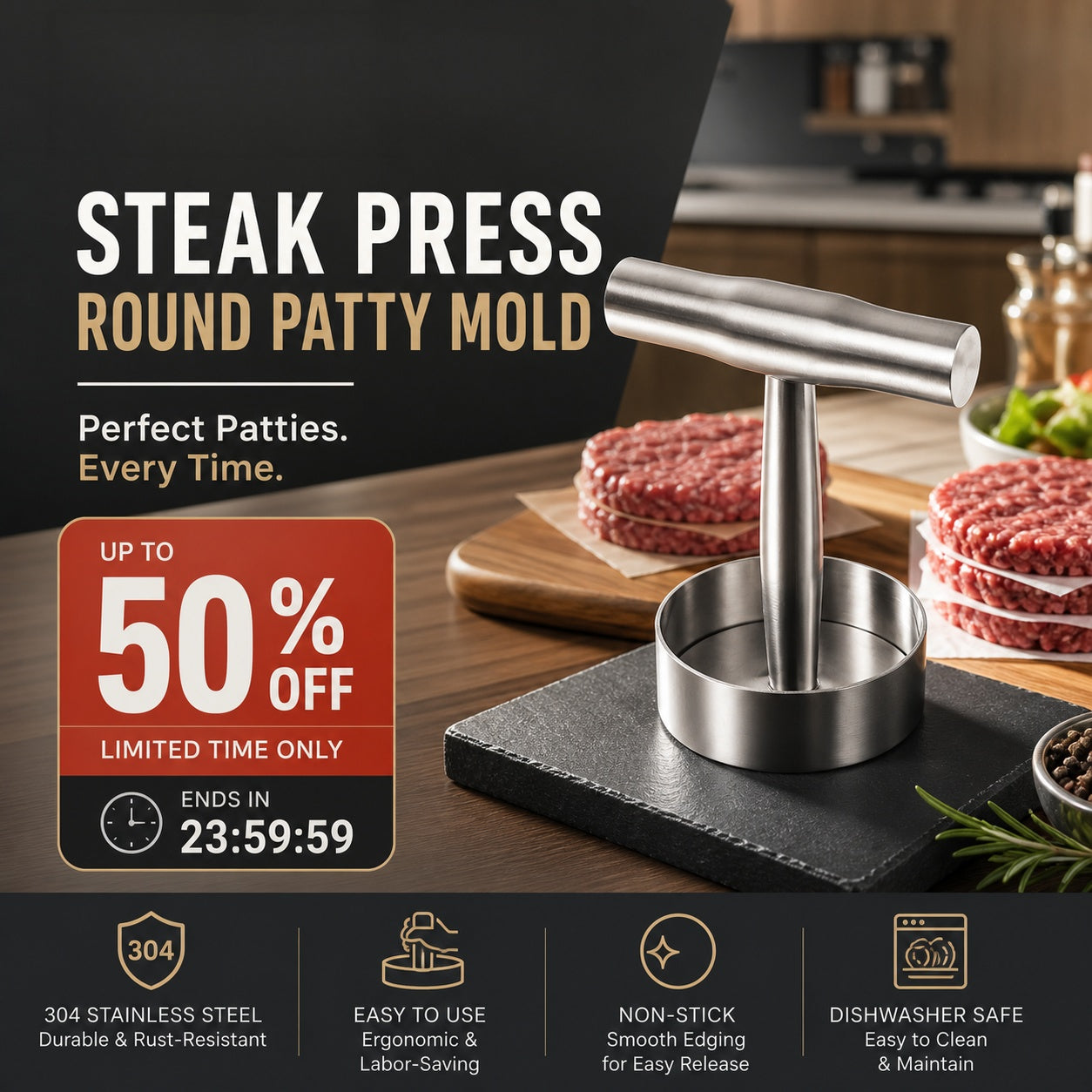 🥩Steak Press Round Patty Mold | Food‑Grade 304 Stainless Steel Burger Patty Maker