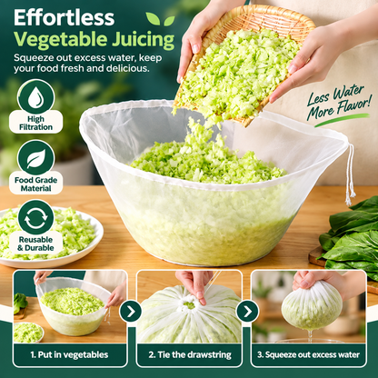 🥬50% OFF NOW! No-Mess Fine Mesh Nylon Strain Bag – Reusable Food Filter Bag for Squeezing Vegetable Water, Straining Juice, Nut Milk & Dumpling Filling, Drawstring Food Strainer Bag for Kitchen