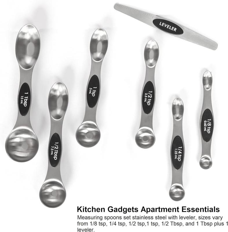 Stainless Steel Magnetic Spoons 7 Set with Leveler for Baking, Stackable Metallic Spice Kitchen Utensils and Gadgets Measure Cups Measuring
